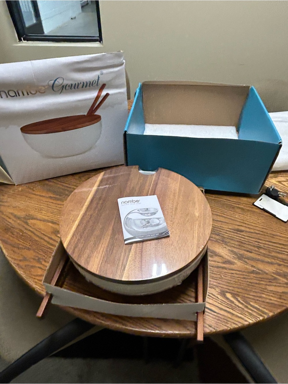Nambe White Ceramic Serving Bowl with Walnut Wood Lid and Servers